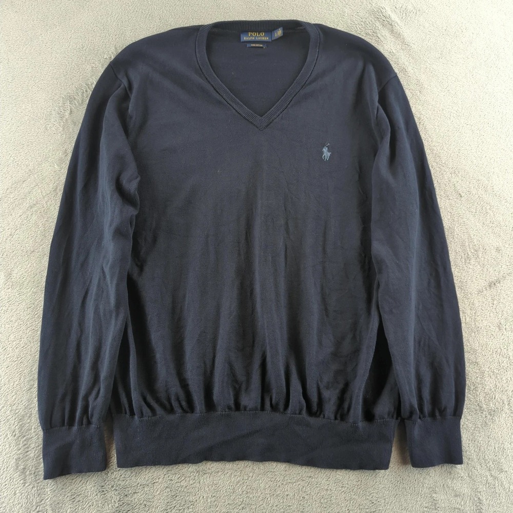 Polo Ralph Lauren Sweater Mens Large Blue V Neck Pima Cotton Knit Pullover